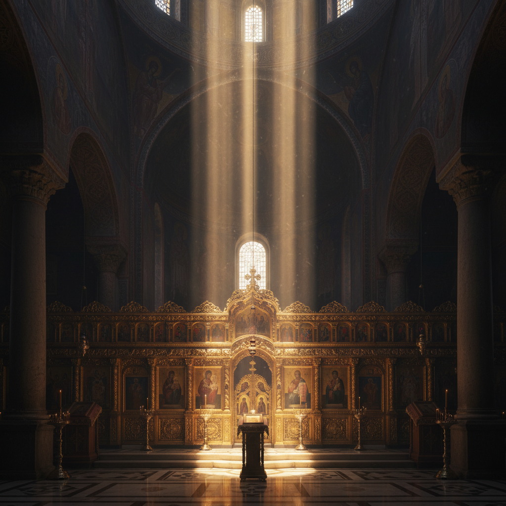 Interior of a Byzantine church, shafts of light beaming through dust motes, illuminating a golden iconostasis, deep shadows, rich colors (purple, gold, dark blue), atmospheric