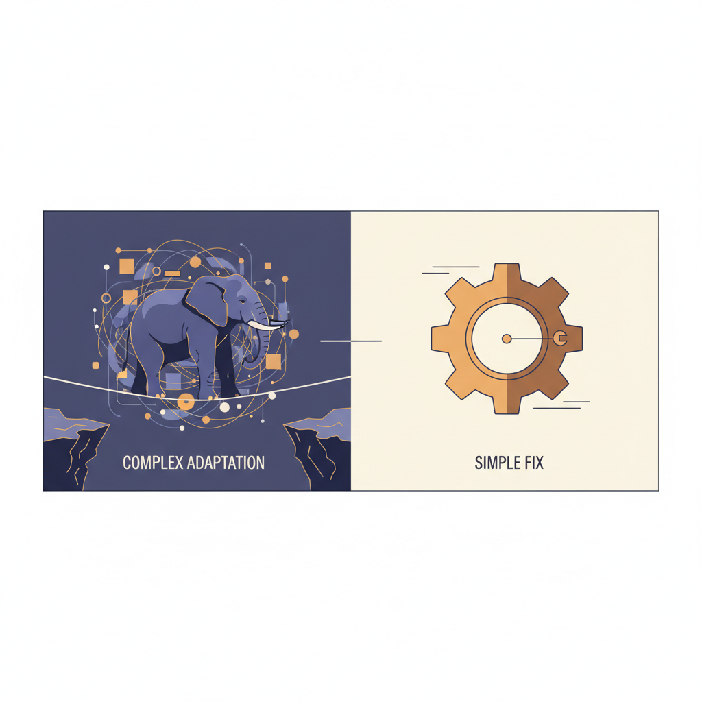 editorial illustration, an elephant crossing a tightrope vs a simple mechanical gear, representing complex adaptation vs simple fix, minimalist style