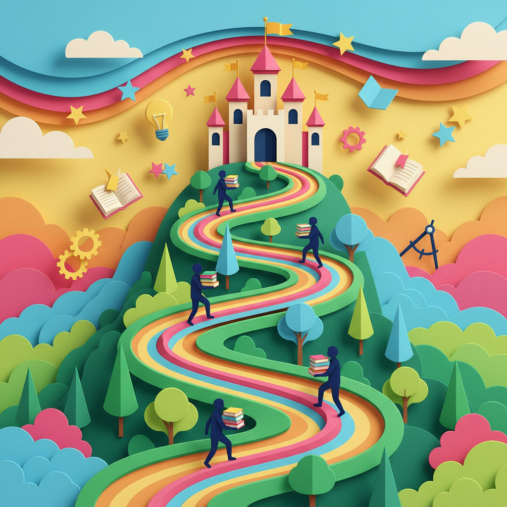 Winding road going up a mountain towards a castle, symbolic of learning journey, paper cut art style, bright colors
