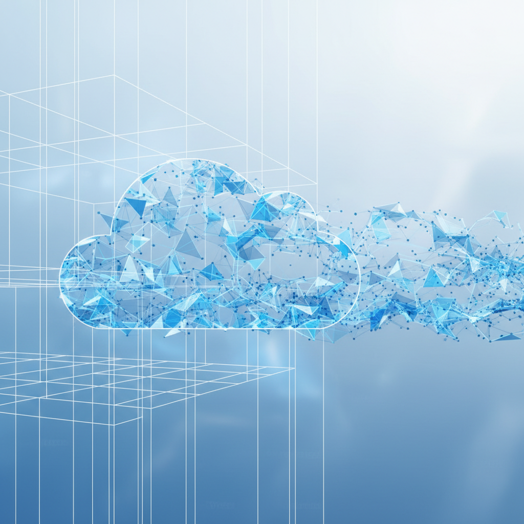 Abstract architectural wireframe blending into a clean digital blue cloud network data stream, corporate style, high tech, white and blue minimalist