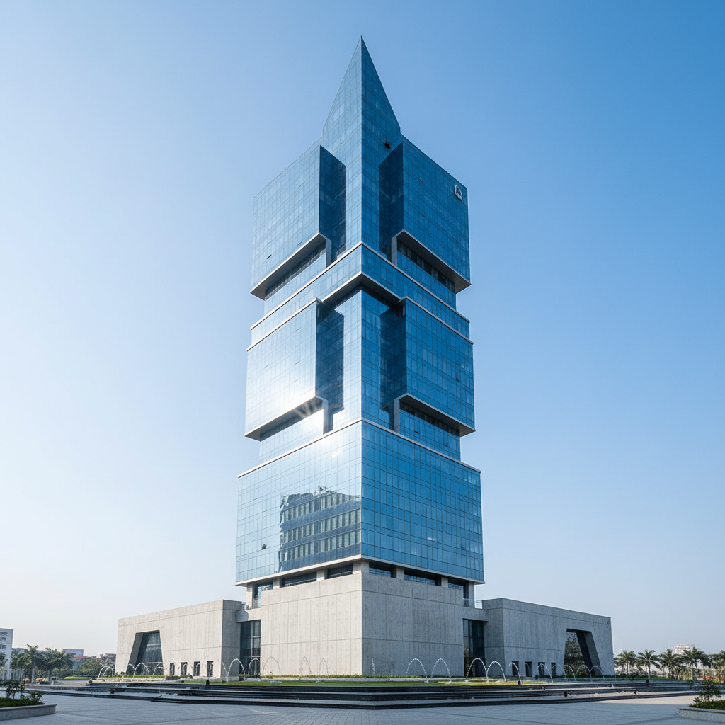 Modern glass corporate bank building in Dhaka under a clear blue sky, low angle view, symbolizing stability and growth, photorealistic style