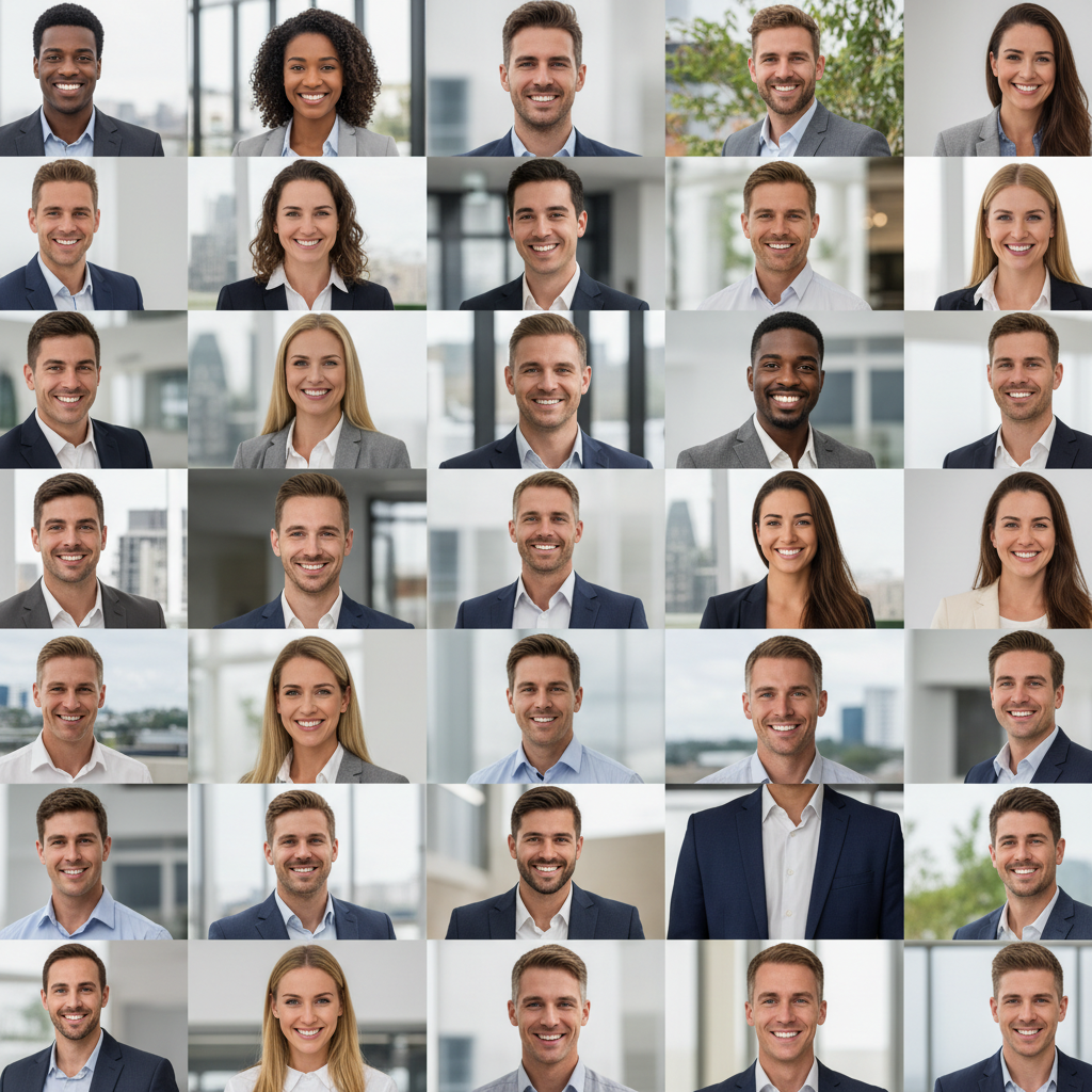 collage of diverse smiling portrait photos of professional people in casual business attire