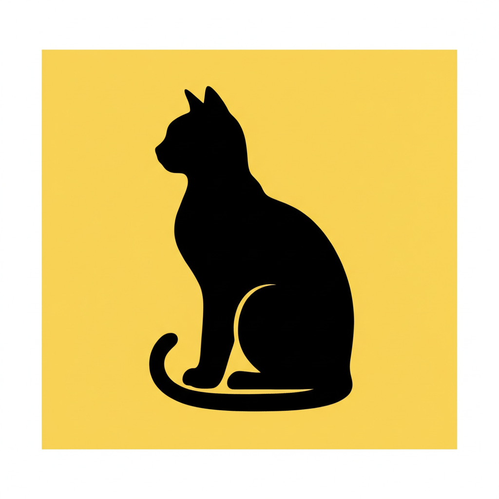 Minimalist pop art illustration of a black cat silhouette against a vibrant yellow background, clean lines