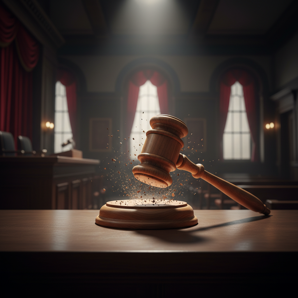 Wooden judge gavel striking a sound block in a courtroom, dramatic lighting