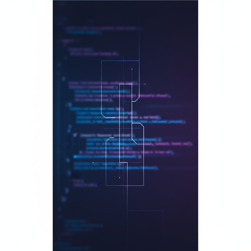 minimalist dark IDE code screen background, blurred code lines, focus on structure, dark blue and purple coding environment