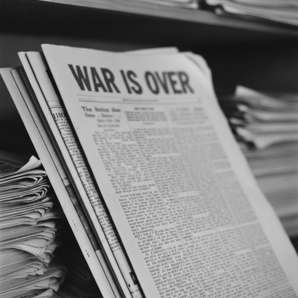 Vintage newspaper stack with headline 'WAR IS OVER', black and white, close up, historical archive style