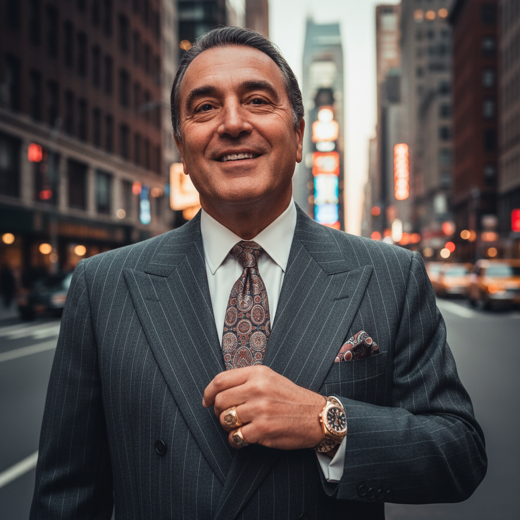 John Gotti in an expensive suit, smiling confidently, 1980s New York style