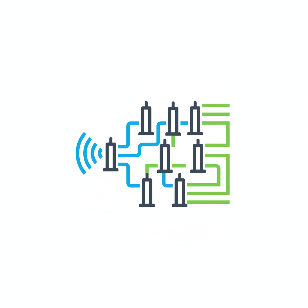 Minimalist icon illustration of wifi signals and router towers being organized efficiently, blue and green color palette on white background