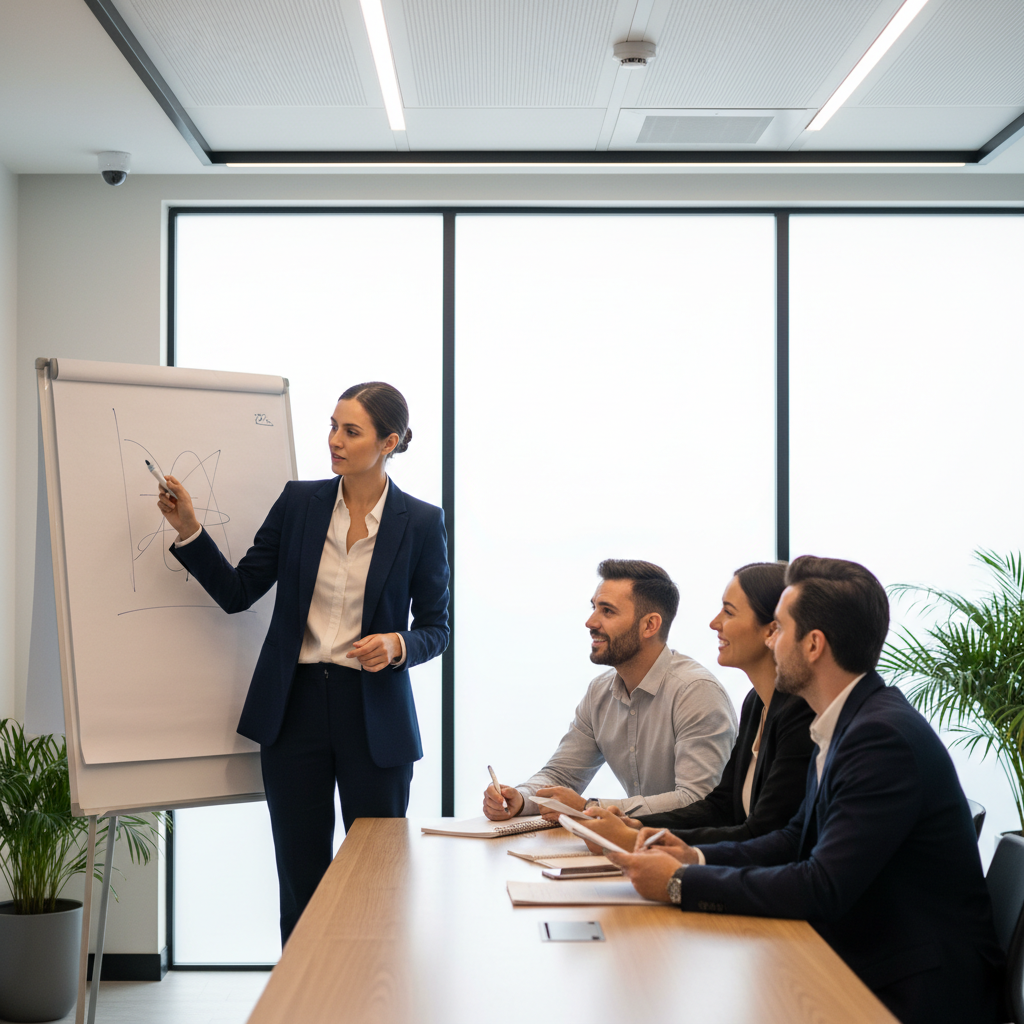A professional mentor teaching a small group of colleagues in a modern meeting room, using a whiteboard, engaged atmosphere, bright lighting