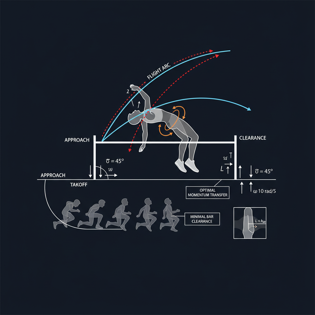 illustration of the Fosbury Flop technique in high jump, analyzing the mechanics, physics diagram style on dark background