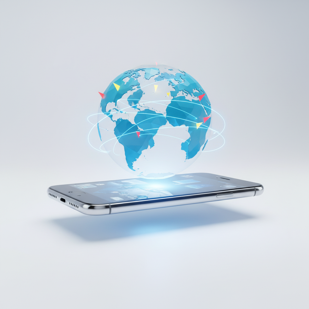 futuristic smartphone displaying a holographic 3D globe with flight paths and location markers, minimalistic clean white background, high tech style
