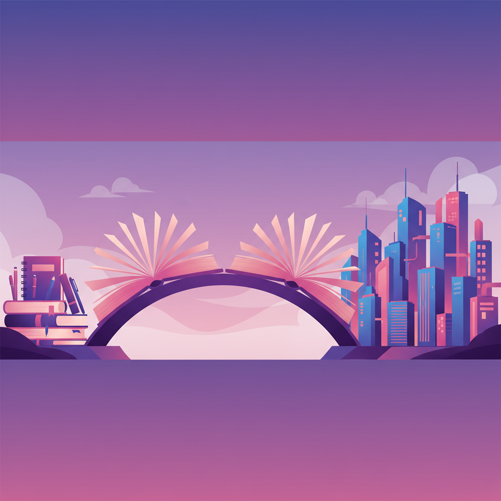 A visual metaphor of a bridge connecting school books to a modern city skyline, flat vector illustration, purple and pink gradients
