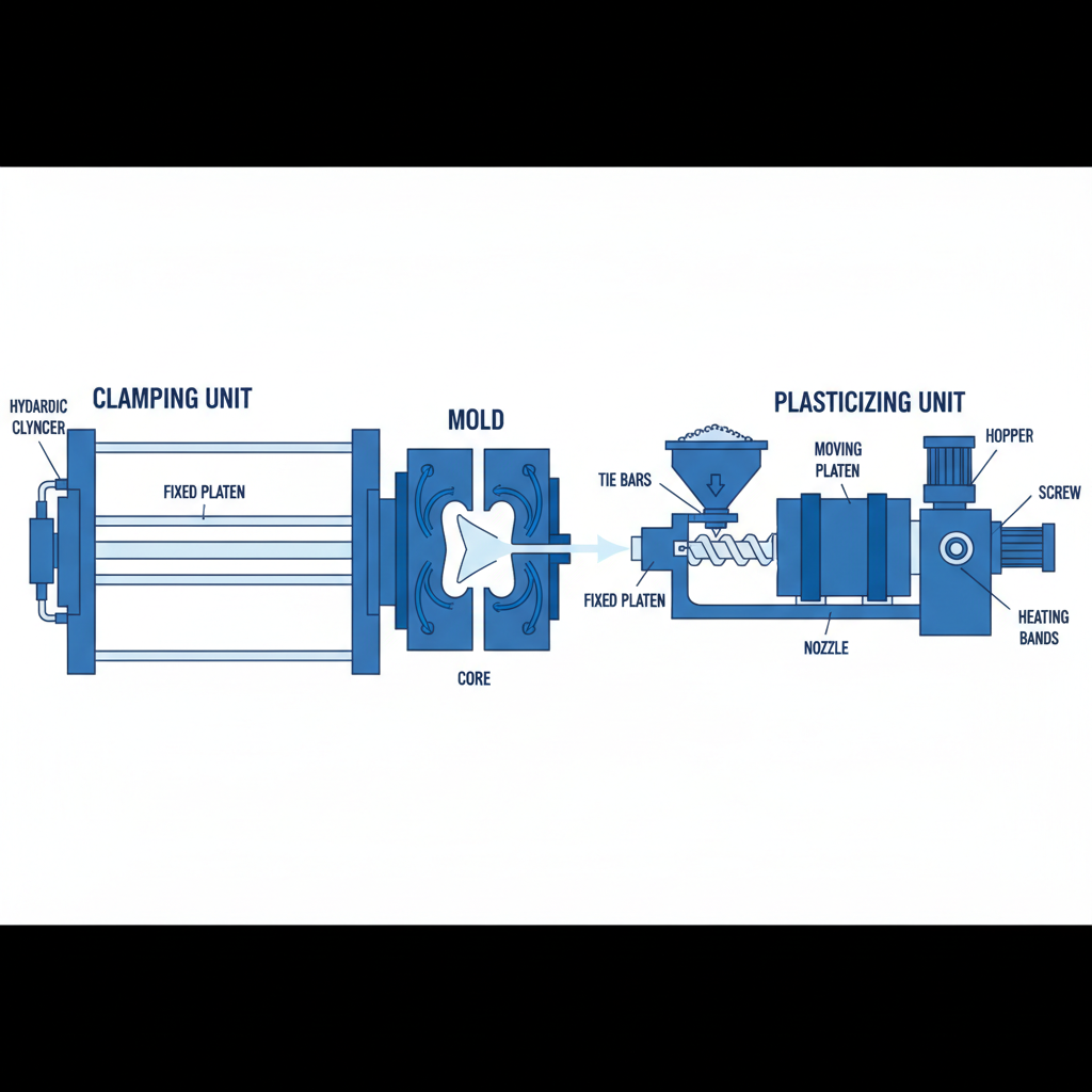 Schematic technical cross-section of an injection molding machine showing clamping unit, mold, and plasticizing unit, clean blue and white vector style illustration