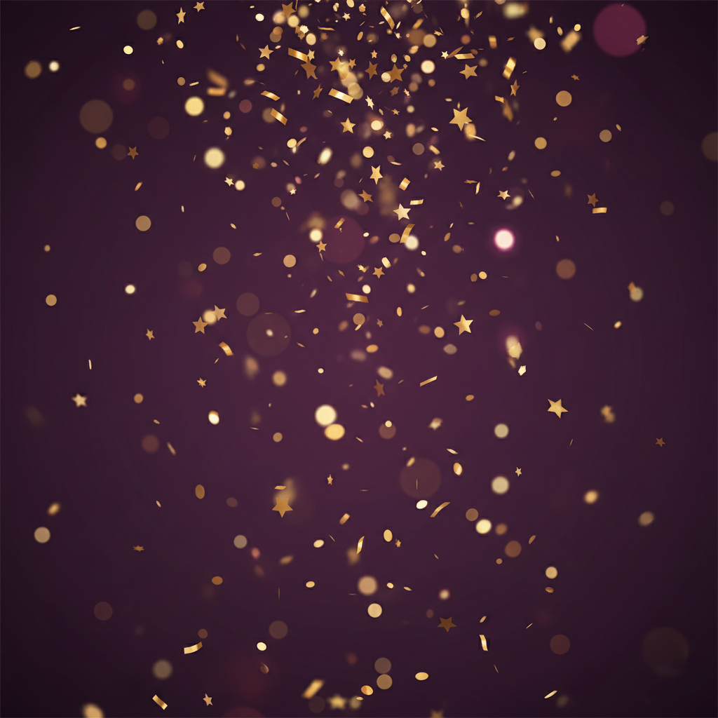 Golden confetti falling on a dark purple background, festive celebration, blurred bokeh