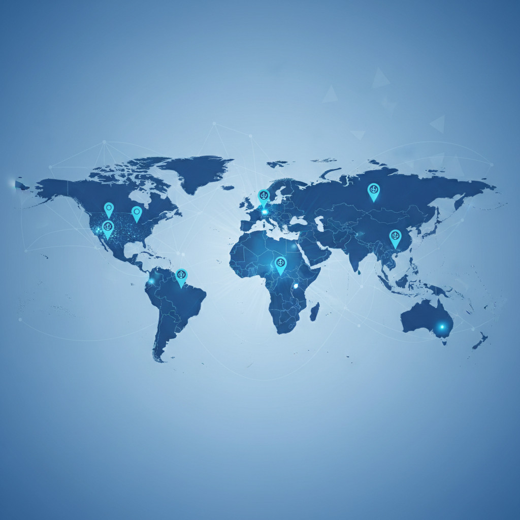 World map highlighting North America, Europe and China with pins or density heat map, corporate style blue