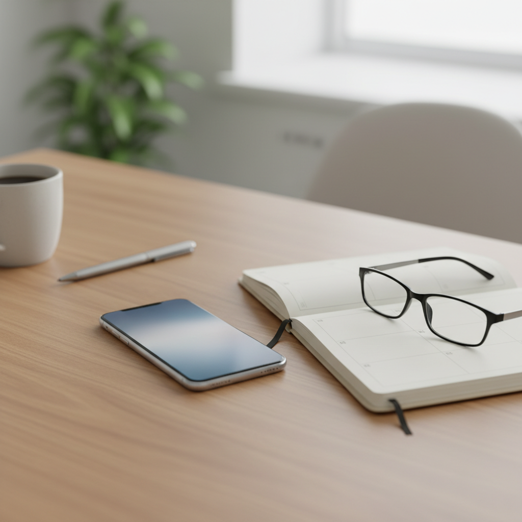 Smartphone resting on a wooden desk next to a planner and glasses, screen blurred, minimalist, professional workspace atmosphere