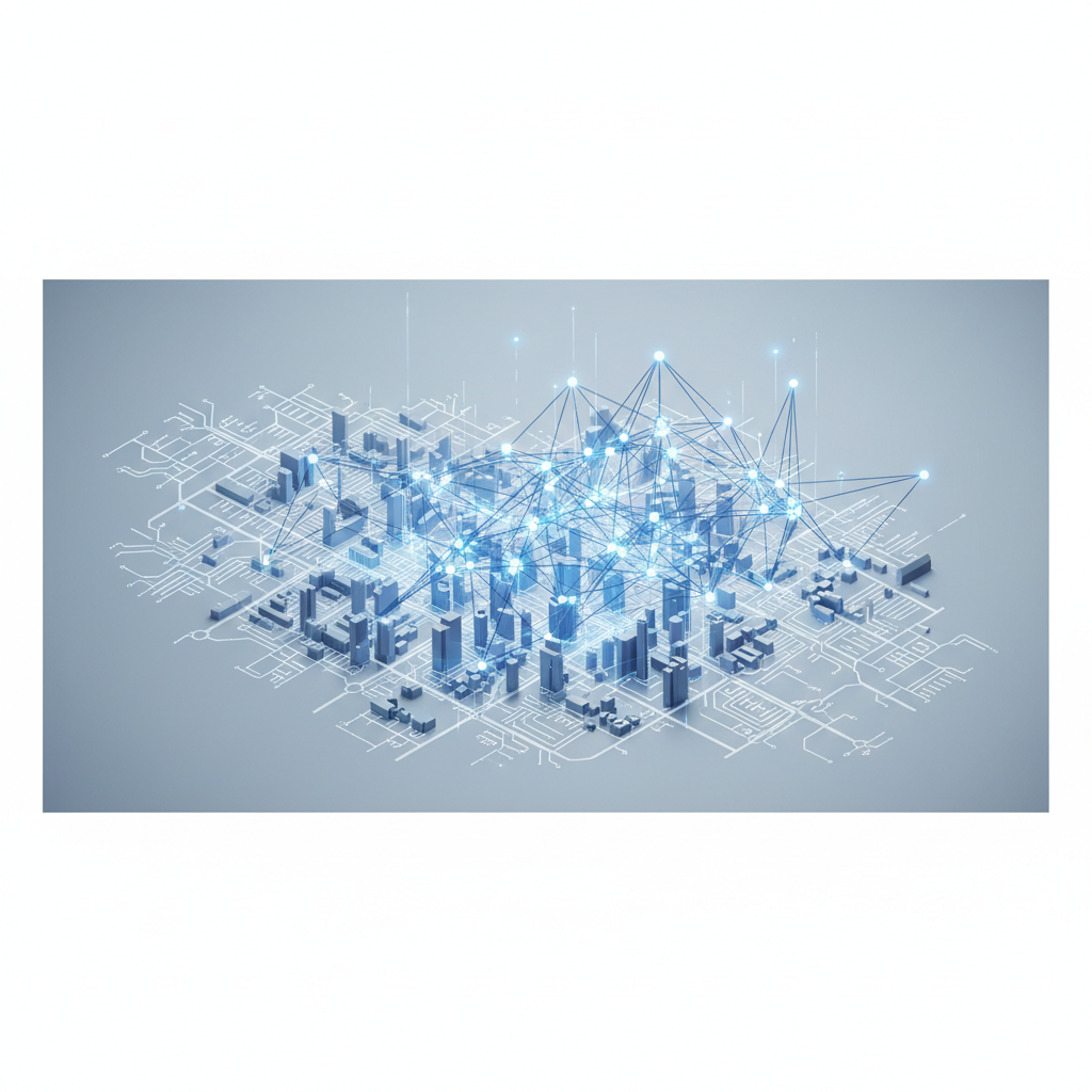 abstract 3d visualization of a neural network overlaying a city map, simplified blue and white lines, high tech, academic style, minimal