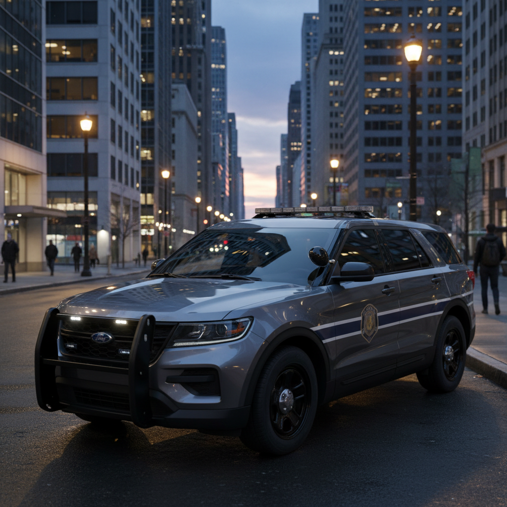 Cinematic shot of a modern police patrol vehicle parked on a city street at twilight, street lights reflecting on the car, professional law enforcement atmosphere, 8k resolution, photorealistic