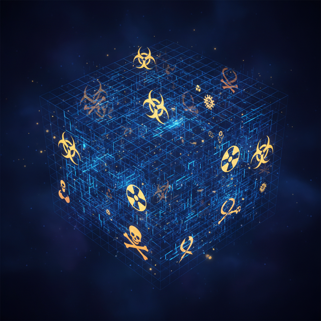 Abstract scientific background, dark blue grid with warning symbols, biological hazard concept, digital art