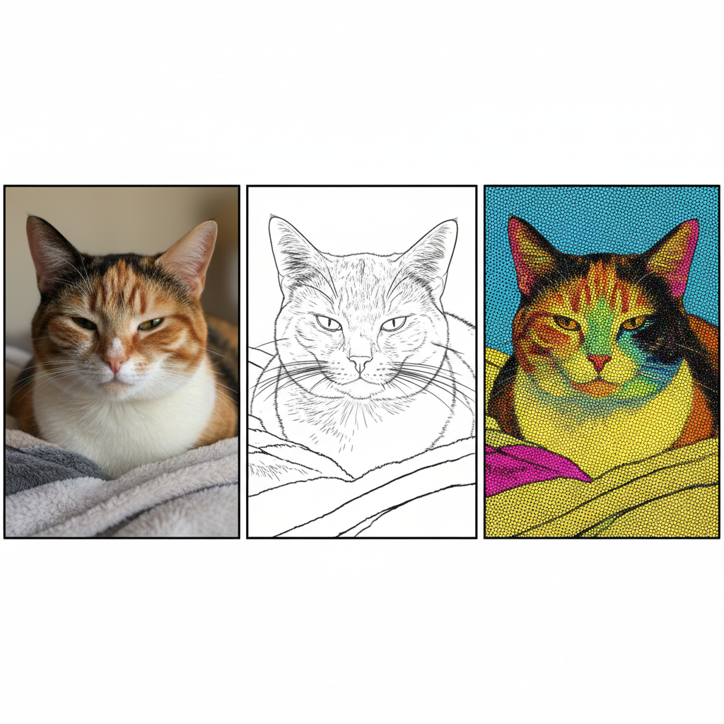 A triptych showing a cat photo transforming into pop art: first realistic, then outlined, then fully colored with dots