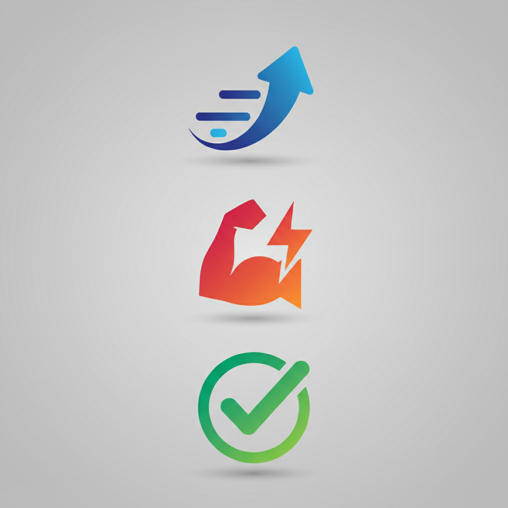 Flat icon set representing 'Movement', 'Strength/Ability', and 'Checkmark/Done', minimalist style