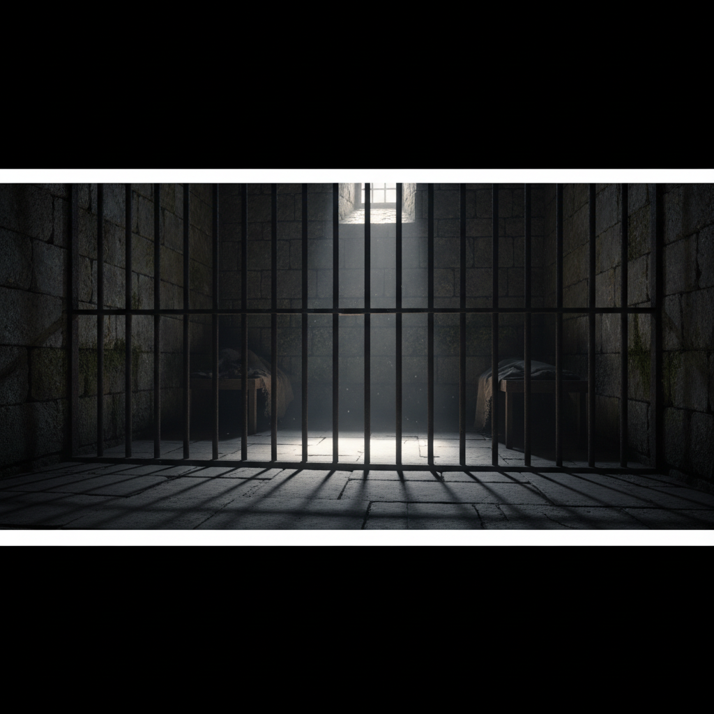 dark dungeon prison cell, stone walls, iron bars, ray of light entering from small window, dramatic shadows, cinematic