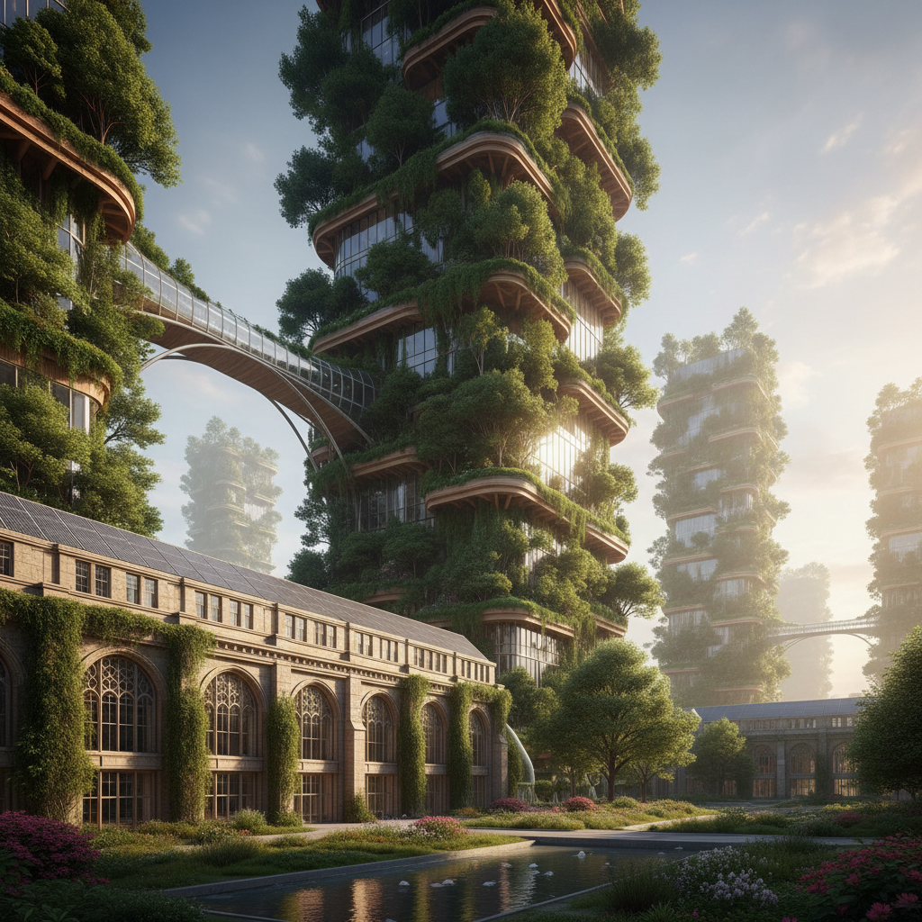 A cinematic shot of a university campus building blending seamlessly with a futuristic vertical forest, sustainable architecture, photorealistic 8k, serene lighting
