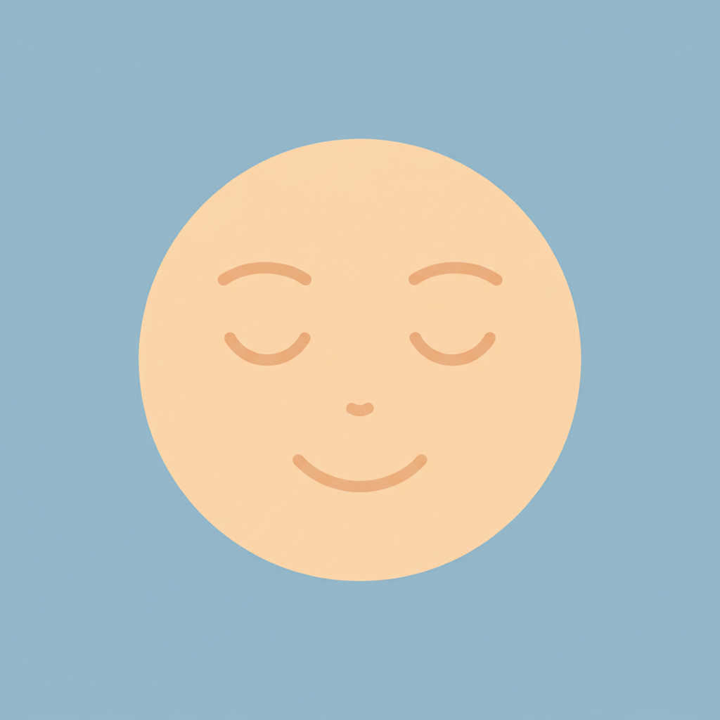 Simple icon style illustration of a smiling face with eyes closed in peaceful reflection, soft blue background