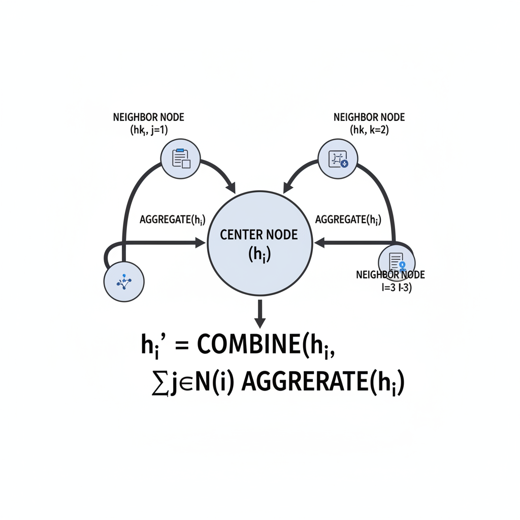 diagram of a graph neural network node aggregating data from neighbor nodes, arrows pointing to center node, academic style, white background