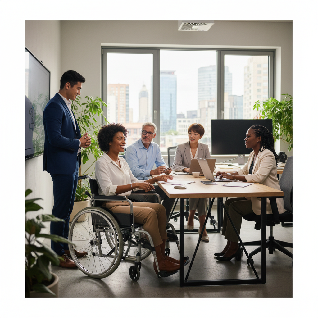 Modern diverse corporate team meeting in a bright office, including a person in a wheelchair and people of various ages, professional photography, high quality, soft lighting