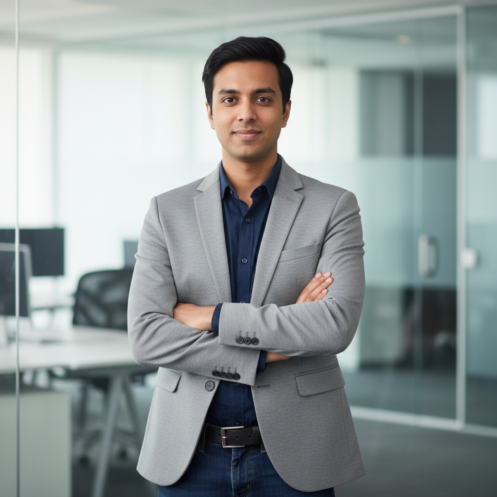Portrait of Raj, a young indian male startup founder, smart casual grey blazer, arms crossed, office background, confident expression