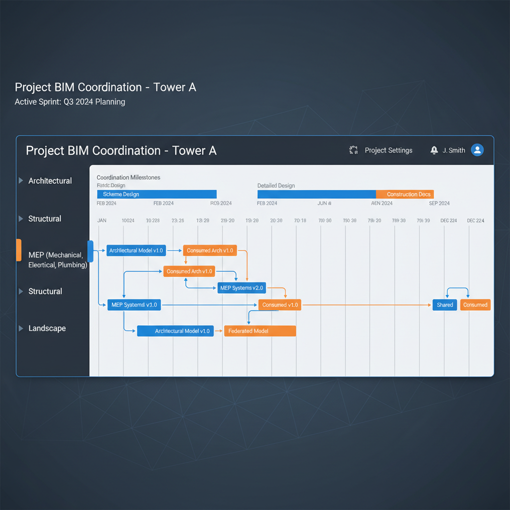 Software interface mockup of BIM model coordination swimlanes, timeline showing packages shared and consumed, professional Autodesk style