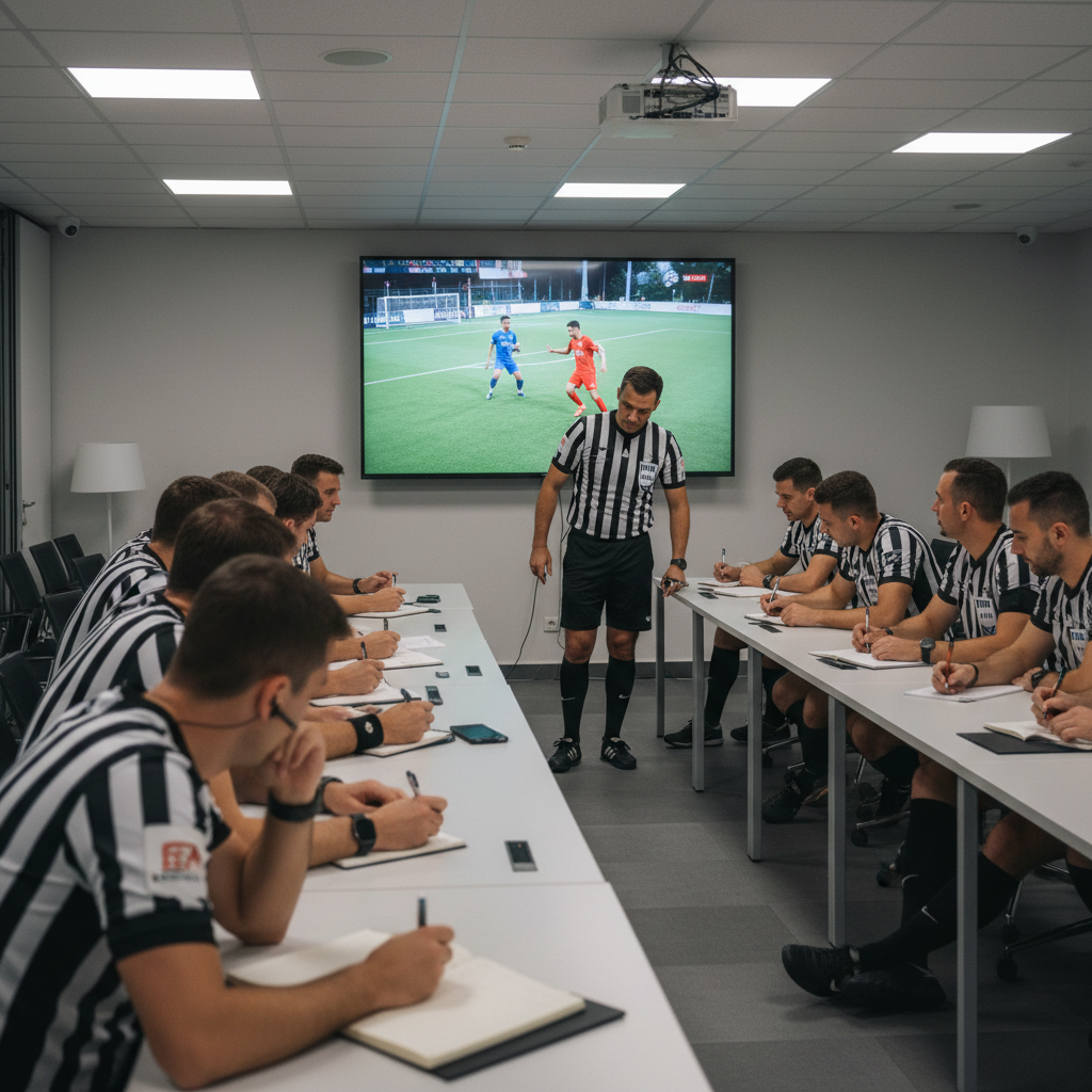 Referee seminar, group of referees in uniform studying video on a large screen, taking notes, serious professional atmosphere