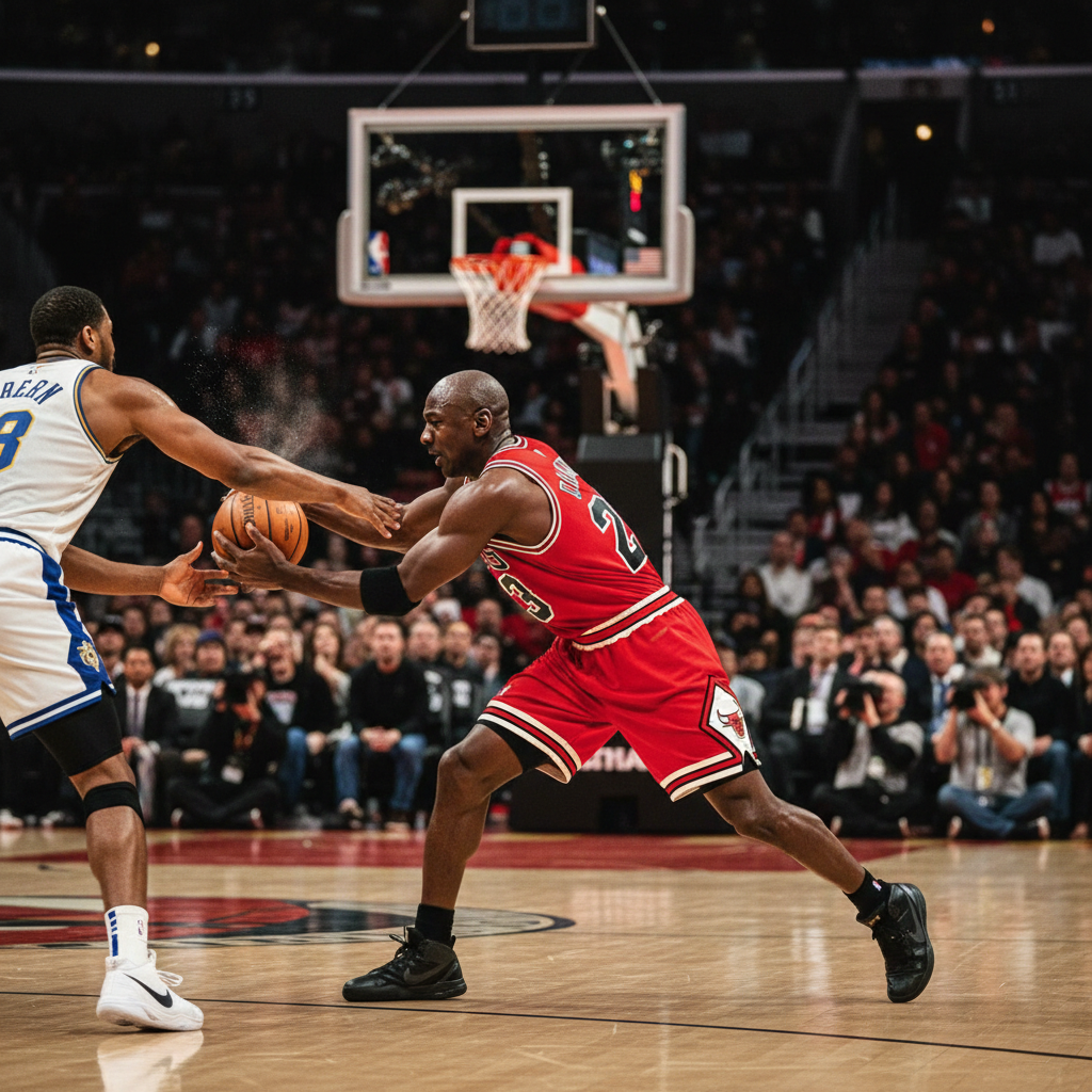 Michael Jordan aggressively stealing the basketball in a Bulls uniform