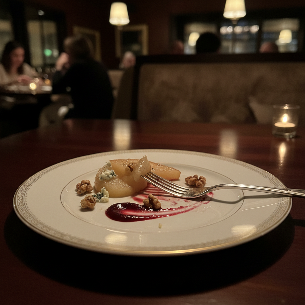 artistic photography of a fancy dinner plate with half eaten food, dark restaurant lighting, shallow depth of field, minimalist, elegant