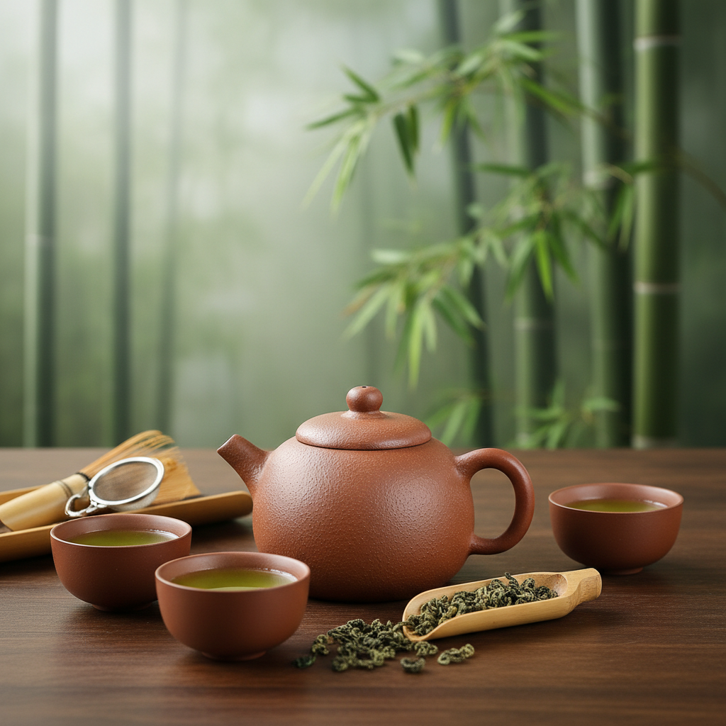 Chinese tea ceremony setup, clay teapot and small cups, green tea leaves, serene bamboo background