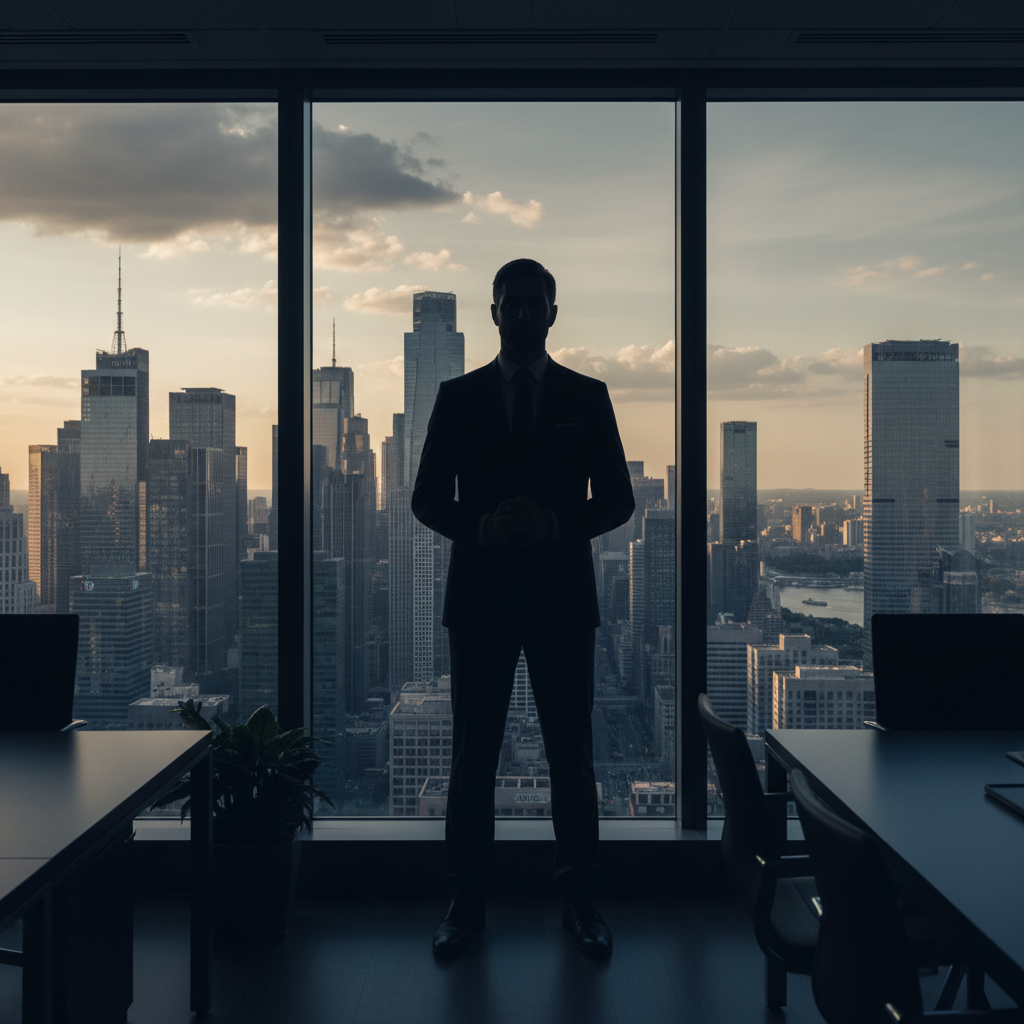 shadowy silhouette of a business executive in a suit standing by a window looking out at a city financial district professional leadership