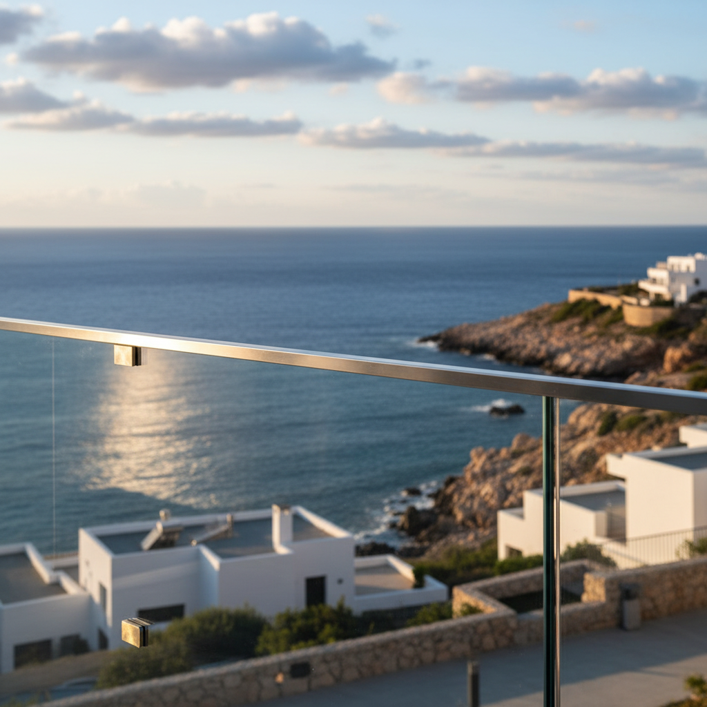 Modern glass balcony railing with ocean view, detailed architectural closeup, high quality