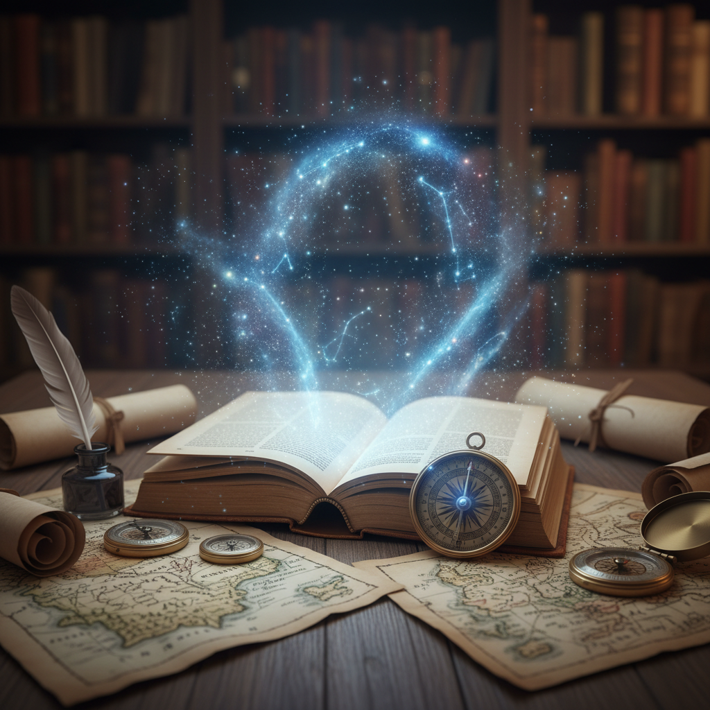 An open fantasy book with magical sparkles coming out, surrounded by maps and compasses