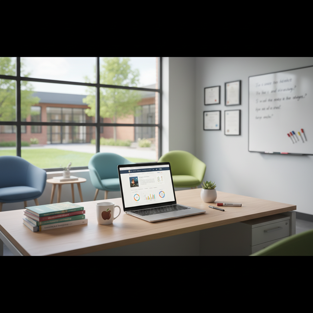 A modern school principal office desk with books and a laptop, educational setting, bright and welcoming