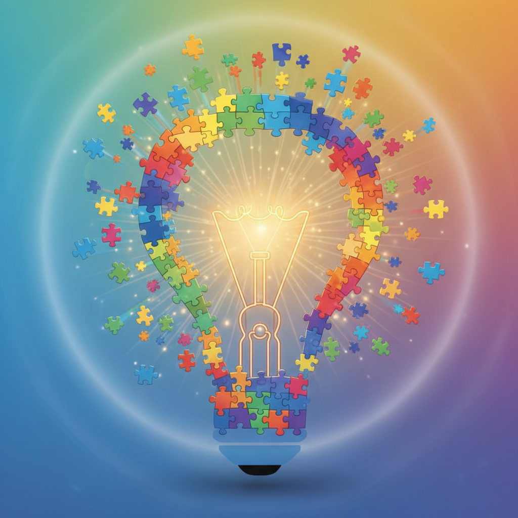 Conceptual image of growth and learning, puzzle pieces coming together to form a lightbulb, symbol of solution and intellect, bright colors