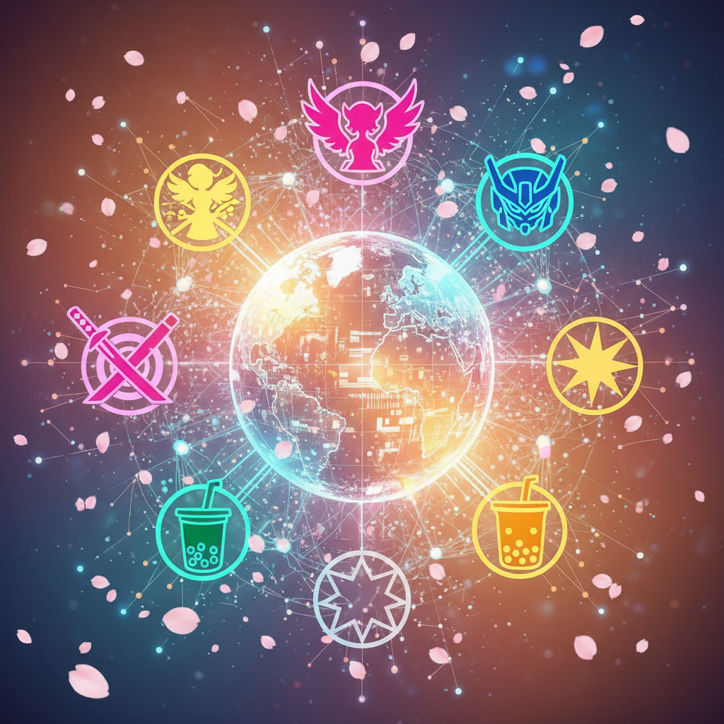 artistic collage of anime symbols, sakura petals, and digital networks connecting the globe, uplifting and colorful