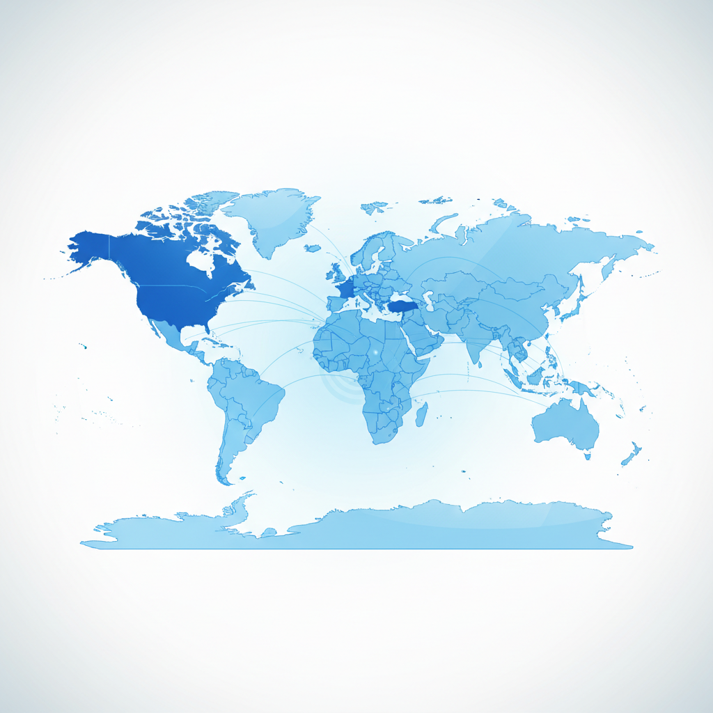 World map highlighting UK and USA and other countries, clean infographic style, professional blue tones