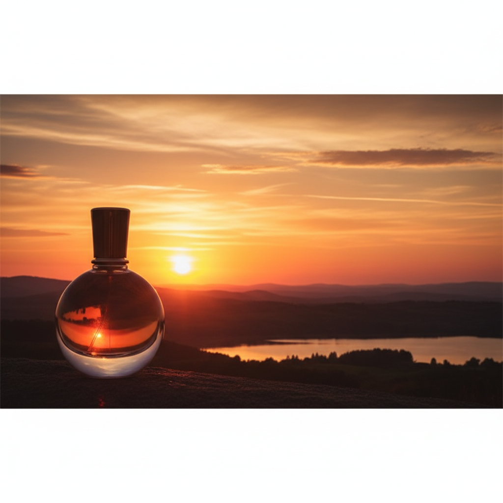 Tranquil nature scene at sunset with a silhouette of a perfume bottle, warm golden hour lighting, copy space in center