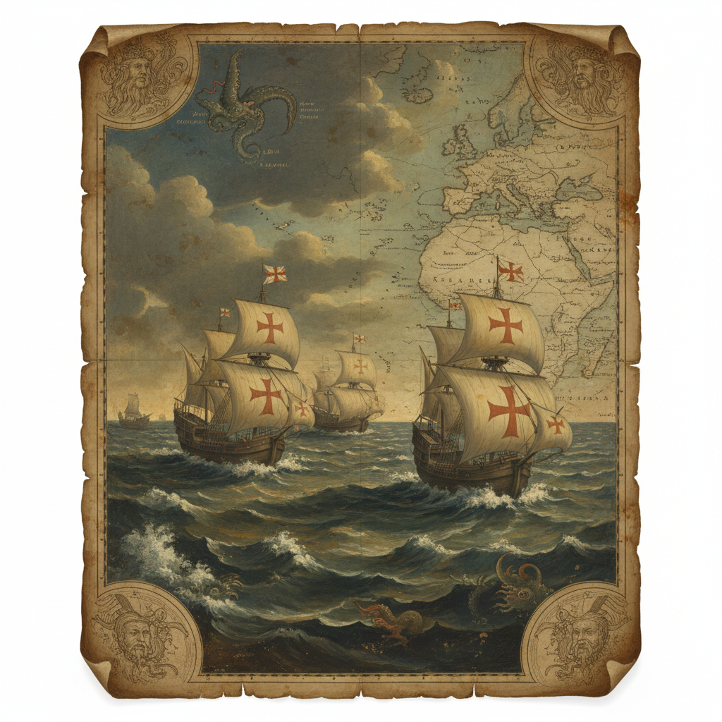 Historical painting style illustration of 16th century caravels sailing across the Atlantic ocean, vintage map overlay, aged paper texture