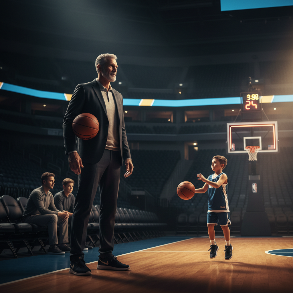 Cinematic shot of a basketball player watching a younger player on court from the sideline, moody lighting, professional sports arena atmosphere, fathers and sons theme
