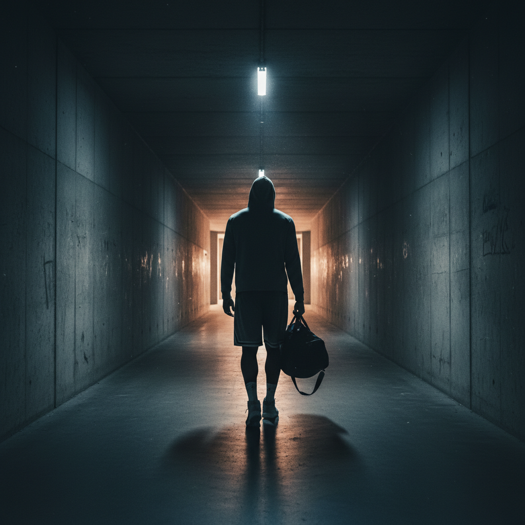 Basketball player walking alone through a dark arena tunnel, silhouette, moody lighting, back view