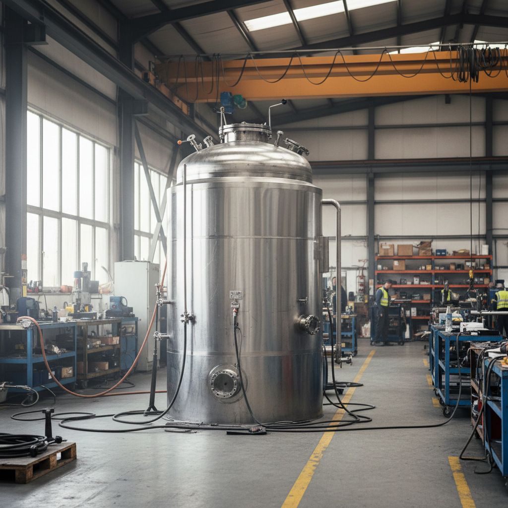 cuve industrielle en acier inoxydable dans un atelier