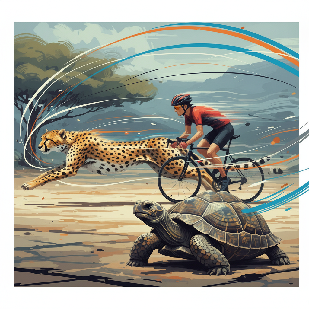 An artistic depiction of a cheetah running at incredible speed motion blur, alongside a blurred cyclist and a stationary turtle, stylized speed lines