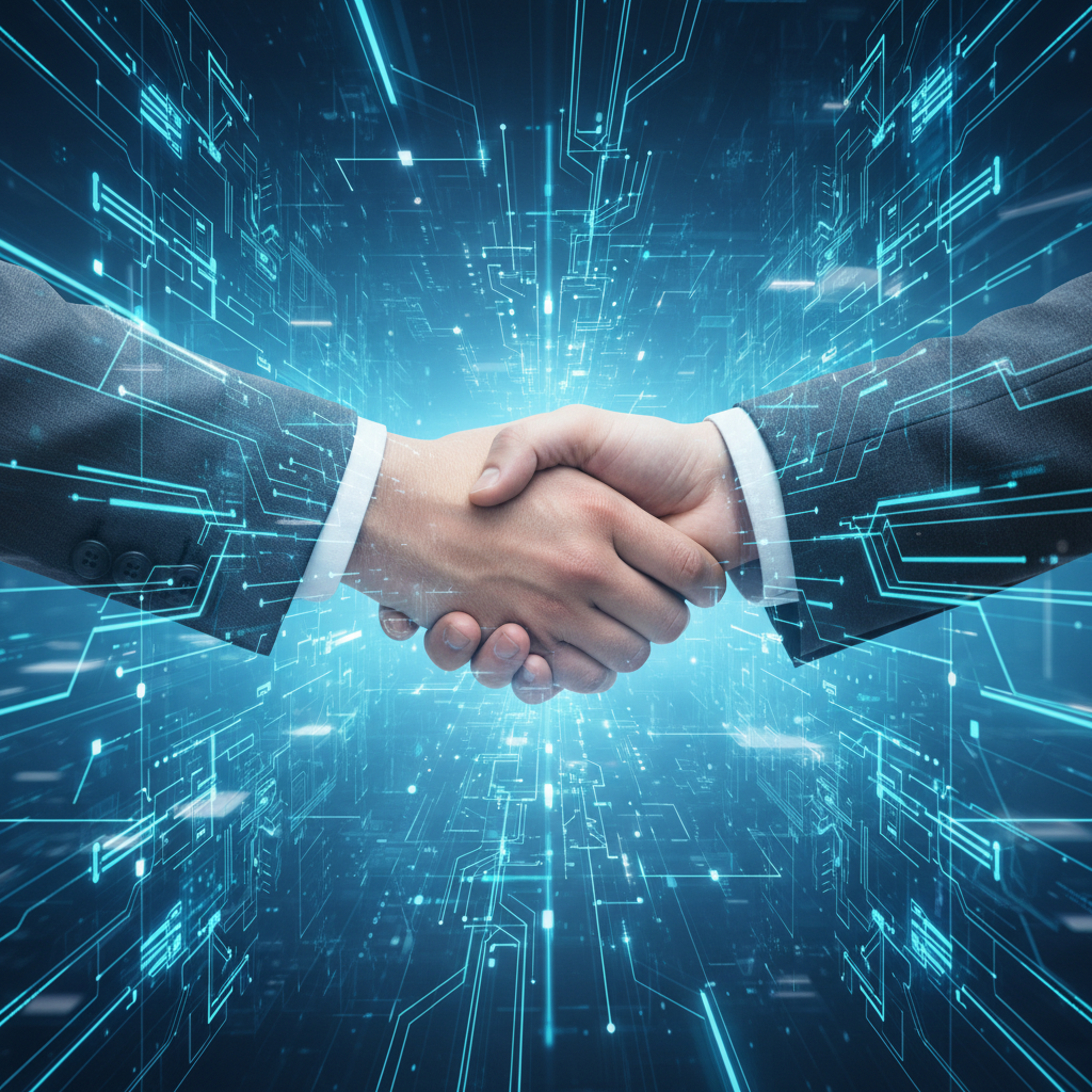 Professional handshake, high tech background, blue tones, business partnership concept